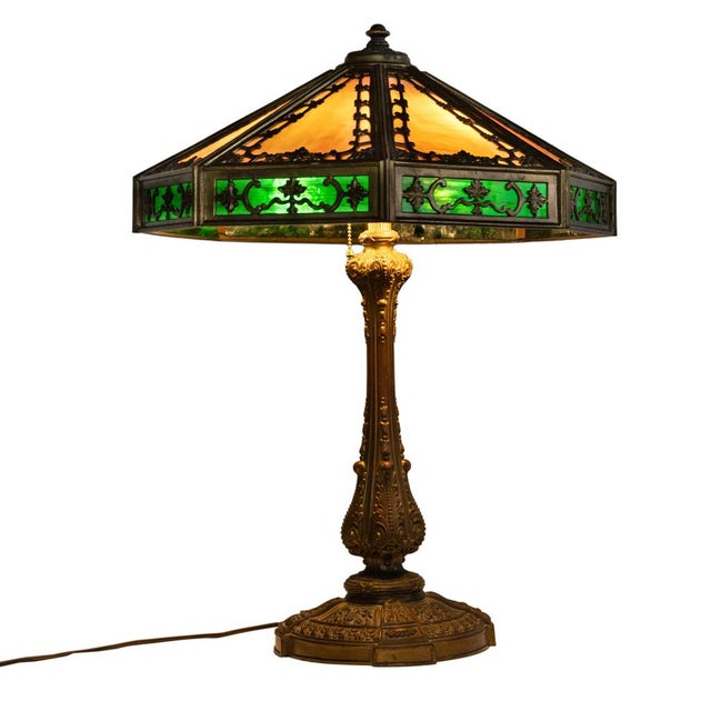 Antique American Arts & Crafts 3 Light Slag Glass Table Lamp by Miller Co. 1910 For Sale - Image 14 of 16