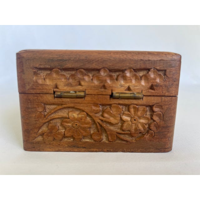 1970's Indian Hand Carved Teak Hinged Jewelry Box For Sale - Image 4 of 7