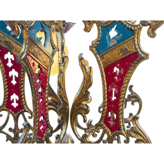 1910s Cast Brass Semi Flush Ceiling Light With Red and Blue Embellishments Circa 1915 For Sale - Image 11 of 16