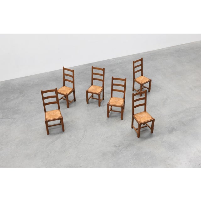 Rustic Oak Ladder-Back Chairs with Rush Seats, France, 1950s, Set of 6 For Sale - Image 15 of 18