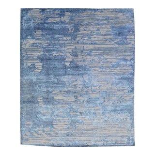 2010s Modern Abstract Wool & Silk Rug Handmade in Gray & Blue For Sale