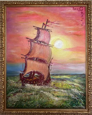 Original Oil Painting on Canvas by Serg Graff, "Ship" Sunset Sea Ocean, Coa