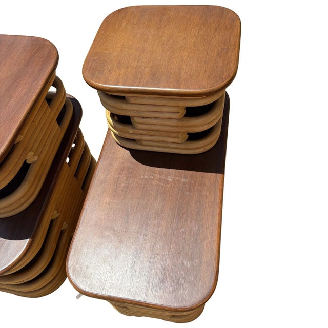 1950s Mid-Century Two-Tier Stacked Rattan & Mahogany Coastal Side & Corner Table Set For Sale - Image 5 of 10