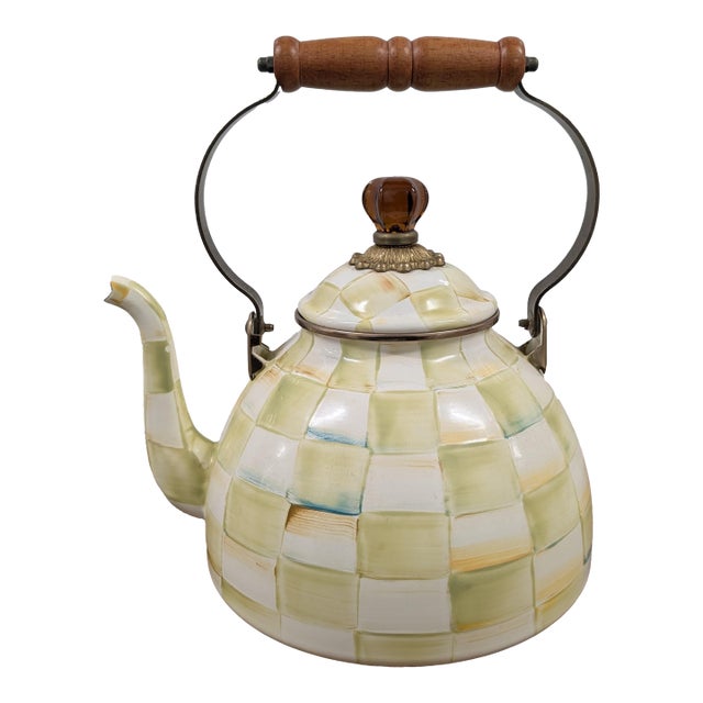 Mid 20th Century MacKenzie Childs Yellow and Cream Parchment Checkered Tea Kettle For Sale