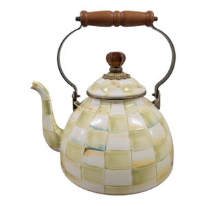 Mid 20th Century MacKenzie Childs Yellow and Cream Parchment Checkered Tea Kettle