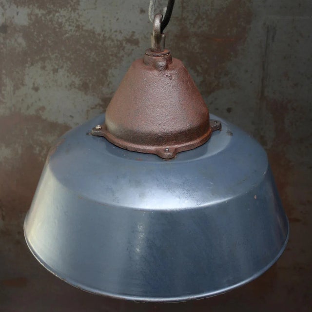 Vintage Industrial Blue Enamel and Cast Iron Pendant Lamp For Sale - Image 4 of 8