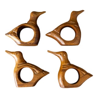 1970s Hand Carved Wooden Bird or Duck Napkin Rings - Set of 4 For Sale