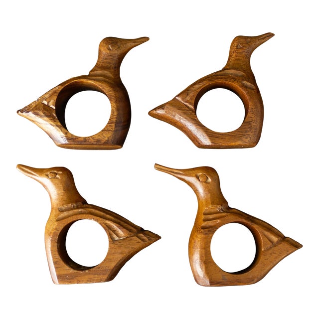 1970s Hand Carved Wooden Bird or Duck Napkin Rings - Set of 4 For Sale