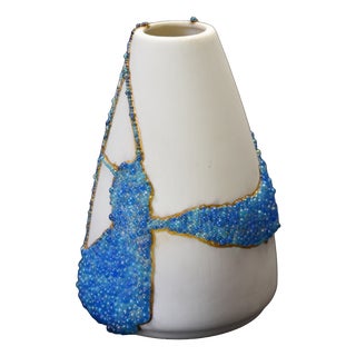 Kintsugi White Vase with Blue Glass Bubbles by Myriam Gref For Sale