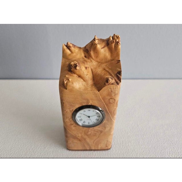 Camel Michael Elkan Signed Hand-Carved Curly Maple Burl Desk Clock With Hidden Compartment For Sale - Image 8 of 9
