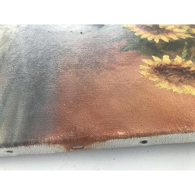 1940s Sunflowers in a Ceramic Vase, Oil Painting on Canvas For Sale - Image 5 of 17