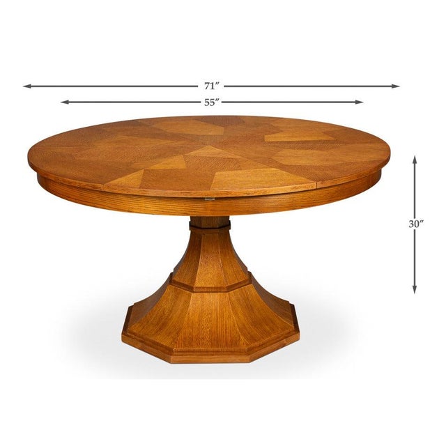 Transitional Round Dining Table, Medium - Light Brown Oak With Faceted Pedestal Base For Sale - Image 11 of 11