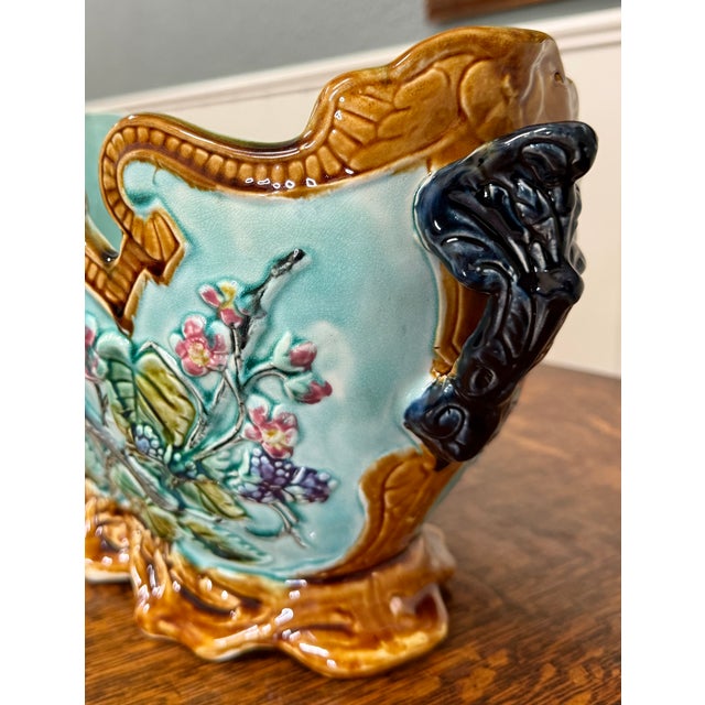 French Antique French Onnaing Majolica Cache Pot Planter Bowl Jardiniere Love Birds For Sale - Image 3 of 18