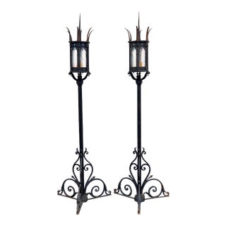 Late 19th Century, Monumental Hand Wrought Iron Torchieres /Floor Lamps - a Pair For Sale