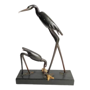 Mid Century 1960s Carved Crane Bird Statue Heron Egret With Fish Natural Brown