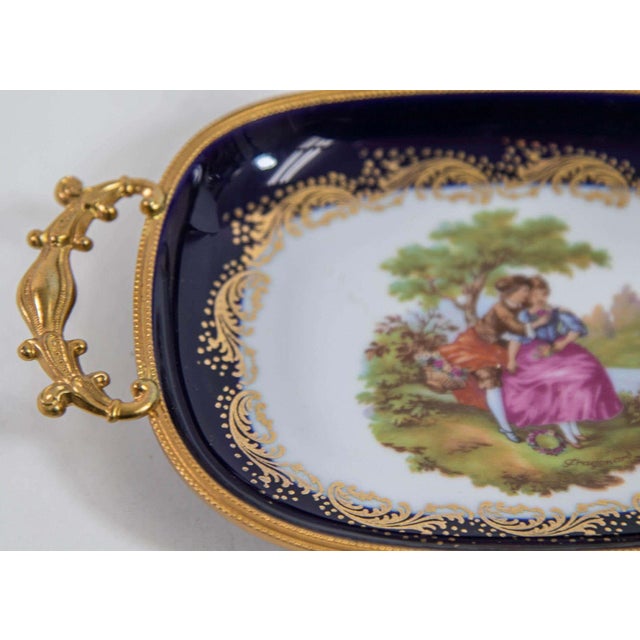Limoges France Dish in Royal Blue with Fragonard Couple and Fine Gold Metal Trim For Sale - Image 15 of 17