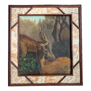 Early 20th Century Rustic Adirondack Cabin Folk Art Painting of Deer For Sale