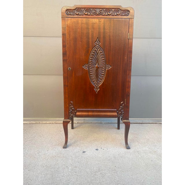 Antique Carved Mahogany Sheet Music Cabinet With Lock and Key For Sale - Image 12 of 17