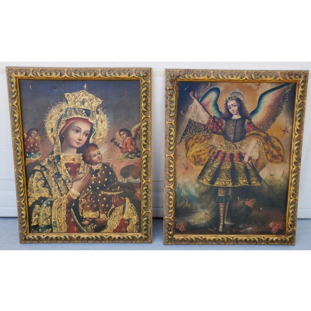 Pair of Cusco School Paintings — Madonna and Child & Archangel Barachiel 20th century | Oil on canvas mounted to board |...