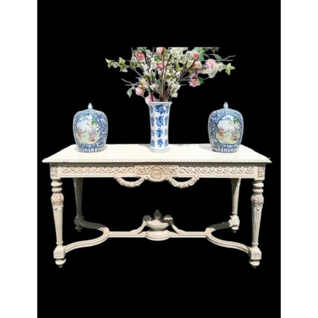 1990s Vintage Off White Carved Urn Rose Louis Xvi, French Style Coastal Large Console Table For Sale - Image 5 of 12