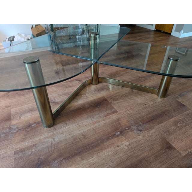 1970s Leon Rosen Pace Style Mid Century Brass and Glass Two Tier Coffee Table For Sale In Rochester - Image 6 of 8