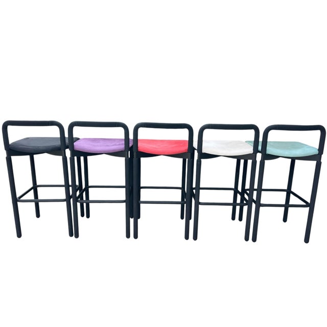 Late 20th Century 80s Postmodern “Rubber Bar Stools” – Set of 5 – Attributed to Brian Kane for Metropolitan Furniture For Sale - Image 5 of 12
