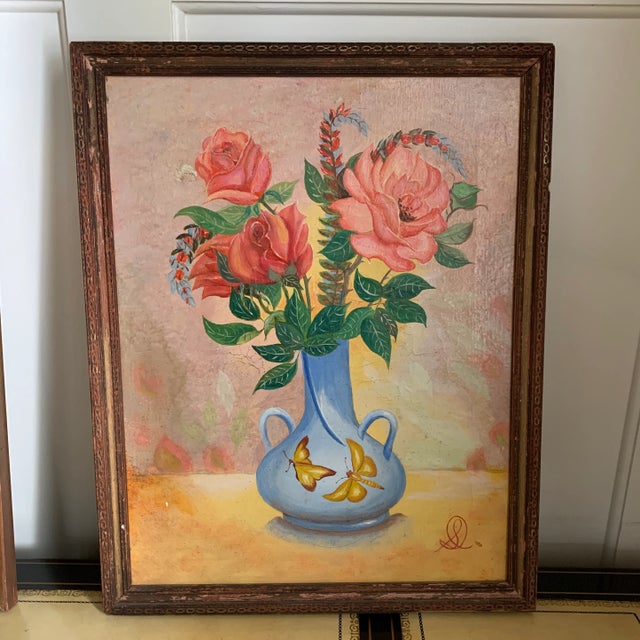 Original Framed Mid Century Chinoiserie Floral Oil Painting For Sale - Image 9 of 9