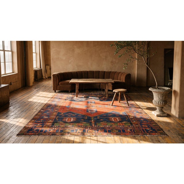 Red 1920s Red Blue Geometric Antique Persian Malayer " Tousirkan " Rug 5' X 6' Handknotted Wool Carpet For Sale - Image 8 of 9