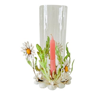 Vintage Hollywood Regency Italian Enameled Tole Candlestick Holder With a Floral Hand Painted Design Complete With a Clear Hurricane Glass Chimney For Sale