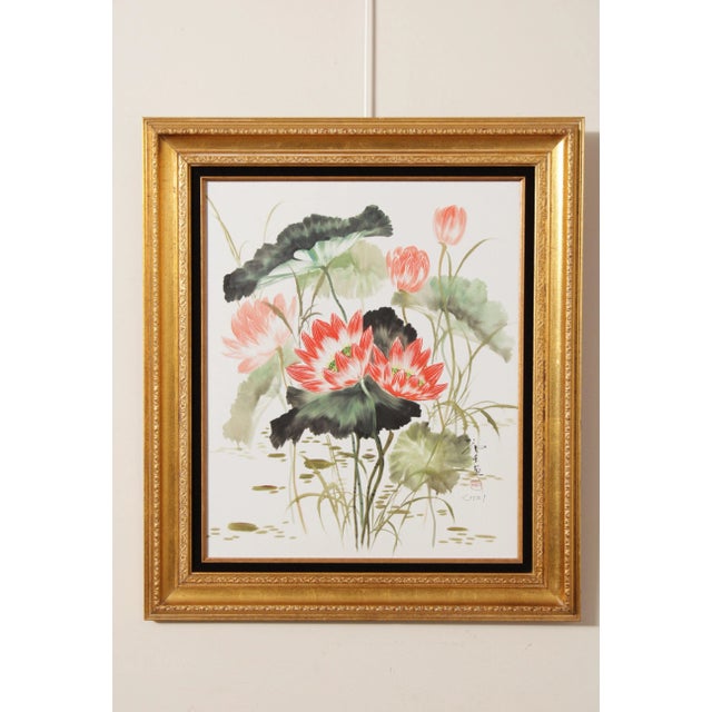High Quality Vintage Lotus Water Lily Watercolor on Canvas, Signed Lower Right, Custom Gold Frame