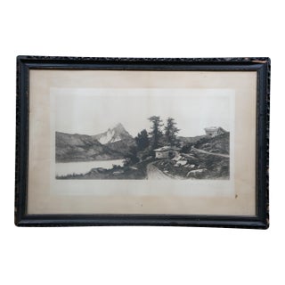 Antique Ernest C Rost on the Alps Log Cabins Mountain Landscape Etching 29" For Sale