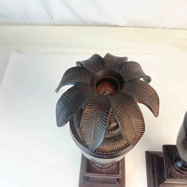 Metal 1970s Vintage Coastal Neoclassical Palm Tree Urn Tole Alter Candle Holders - a Pair For Sale - Image 7 of 12