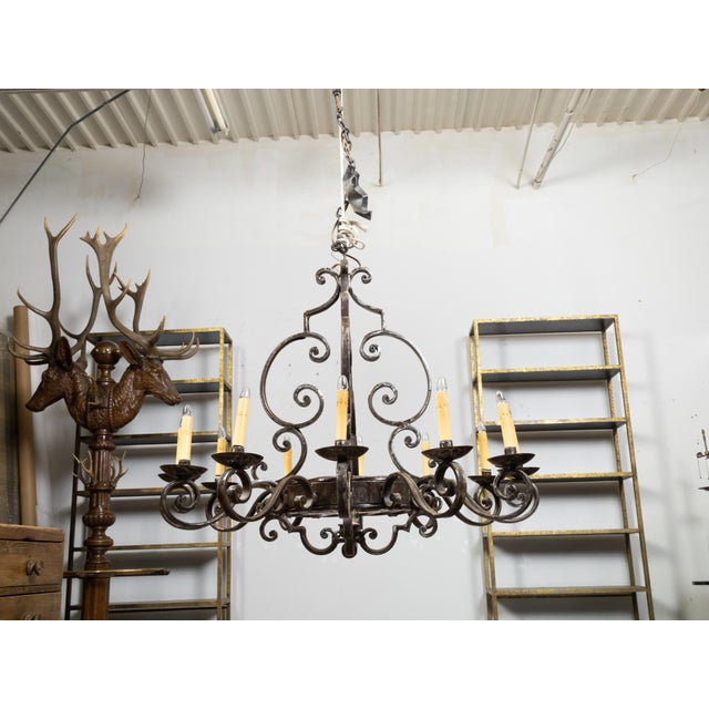 Mid 20th Century Mid Century Modern French Steel 12-Light Chandelier with Scrolls and Dark Patina For Sale - Image 10 of 12