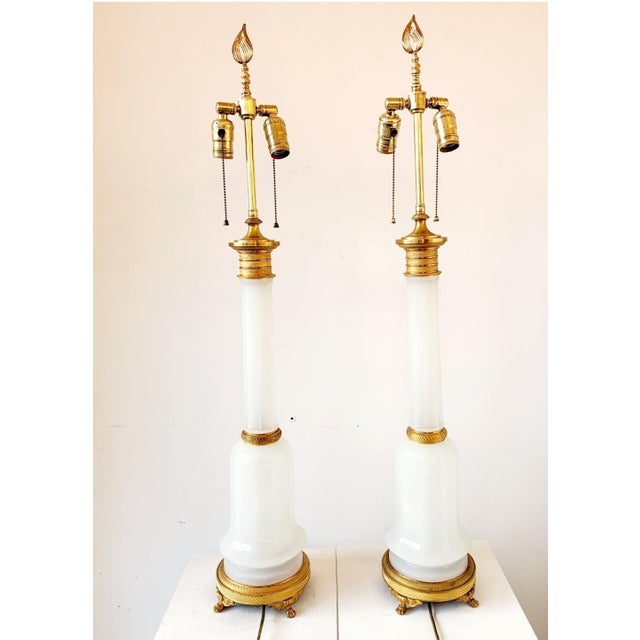 Pair of Antique Frence Louis Faceted Opaline and Guilt Table Lamps For Sale - Image 9 of 11