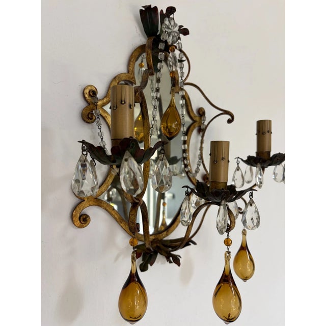 Italian Tuscan Mirror Metal Florentine Sconces C 1900 Amber Blown Murano Glass For Sale - Image 9 of 12