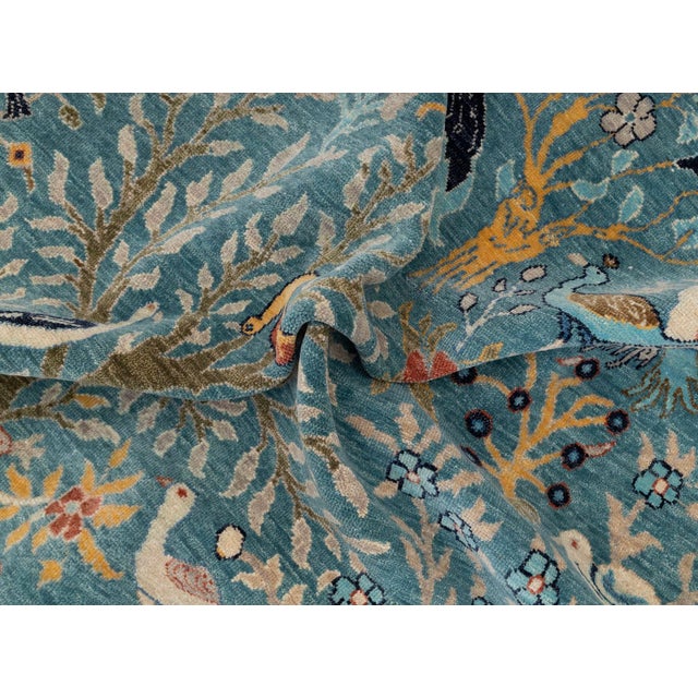 Blue Peacock Birds Garden Scene Soft Hand Knotted Hand Spun Wool Rug 4x6Ft. For Sale - Image 17 of 18