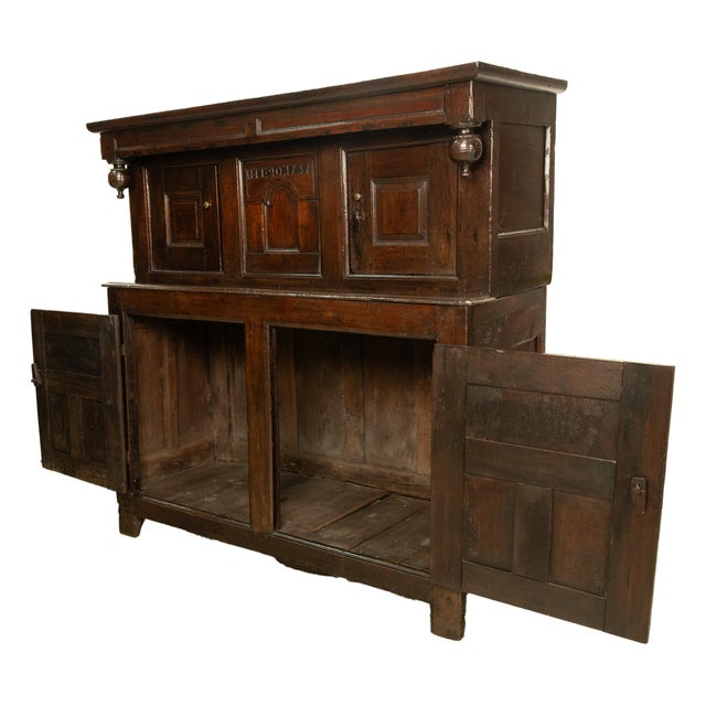 Antique Early 18th Century Welsh English Deuddarn Carved Oak Court Cupboard 1737 For Sale - Image 12 of 16