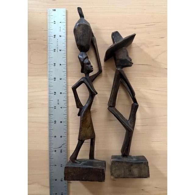 Brown Vintage African Art Folk Wood Sculptures Set of 2 For Sale - Image 8 of 9
