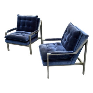Pair of Cy Mann Chrome Chairs in Blue Velvet - Circa 1960s For Sale