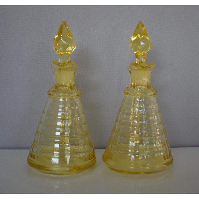 Antique 1900s Hand Blown Cruets, Yellow Vinegar and Oil Bottles With