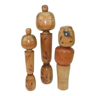 1940s Artist Signed Large Japanese Wood Kokeshi Dolls, Set of 3 For Sale