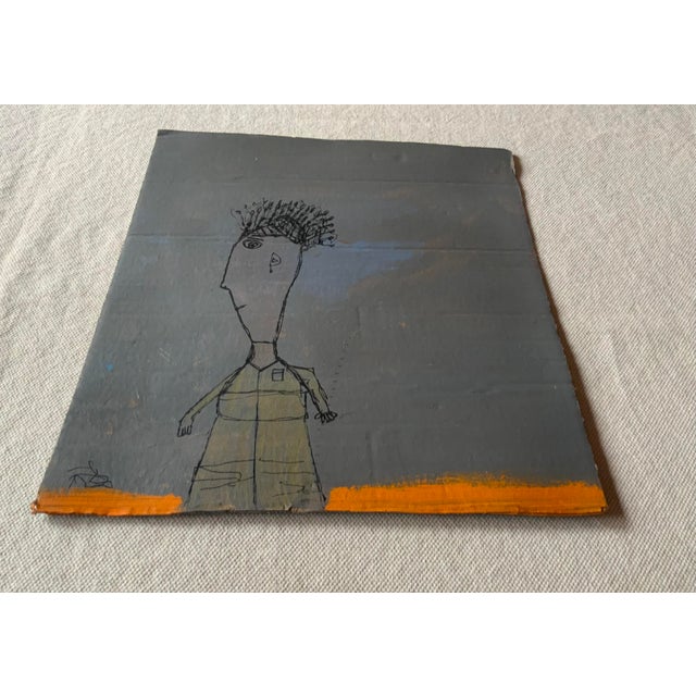 Blue 1980s Folk Art Double-Sided Painting on Cardboard, Signed Simon For Sale - Image 8 of 12