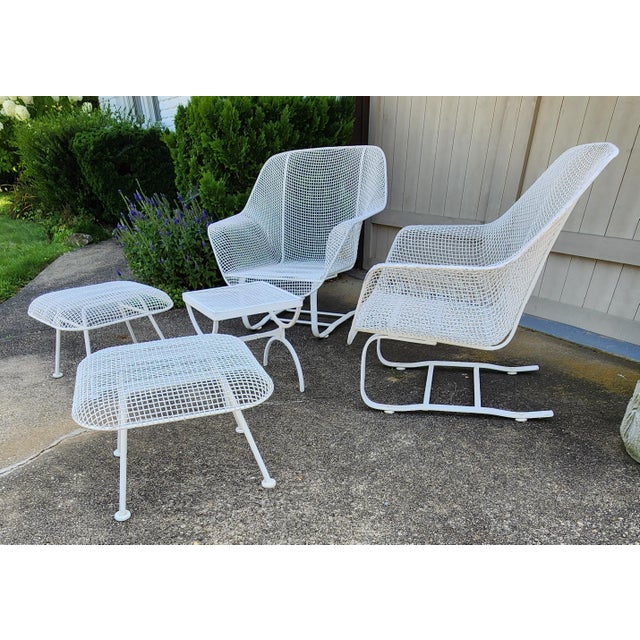 Mid 20th Century 1950s Russell Woodard Sculptura Mesh Wrought Iron Bouncer Lounge Chairs and Footstools, Attributed - 5 Pieces For Sale - Image 5 of 18