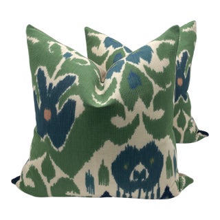 Green/Navy Lee Jofa Marco Polo Pillows- A Pair For Sale
