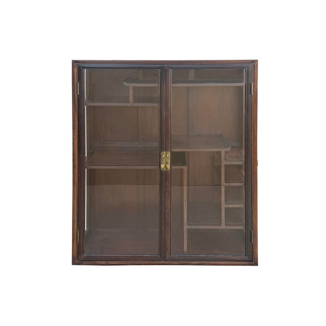 Wood Vintage Dark Brown Oriental Treasure Glass Doors Display Curio Stack Cabinet For Sale - Image 7 of 13