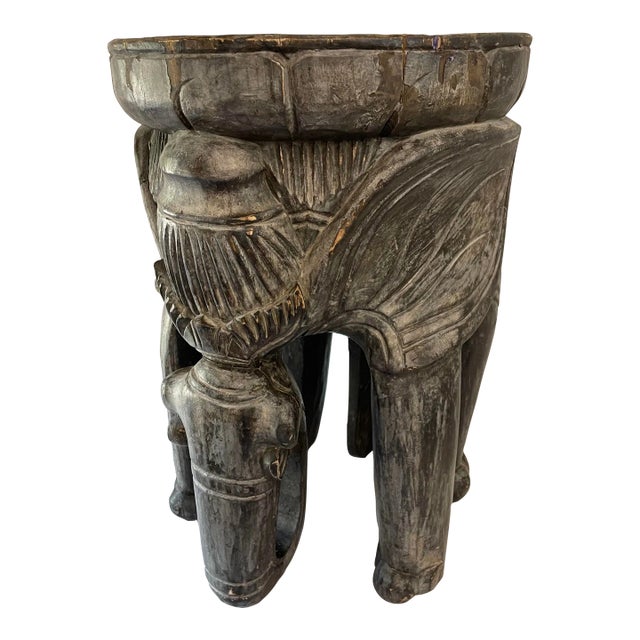 Vintage Wooden Carved Elephant Stool For Sale