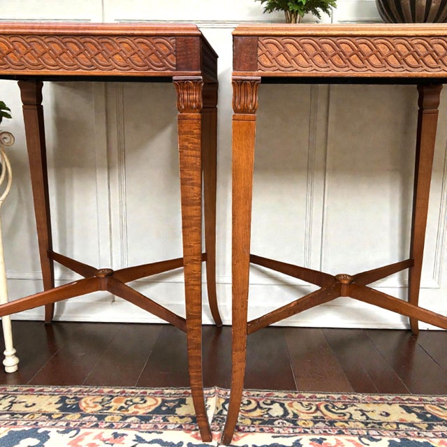 Wood Pair of Vintage Mahogany End Tables With Leather Inset Tops | Neoclassical Style | Nightstands For Sale - Image 7 of 11