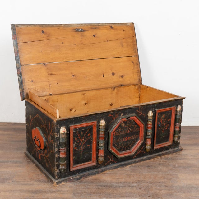 Folk Art Original Hand Painted Flat Top Trunk Dated 1890 From Hungary For Sale - Image 3 of 17