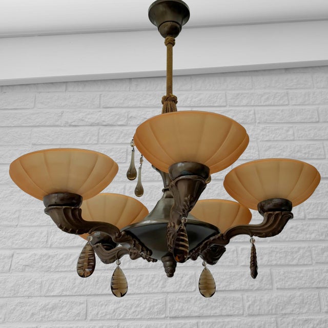 5-Arm Chandelier in Brass and Havana Glass, Sweden, 1930s For Sale - Image 3 of 10