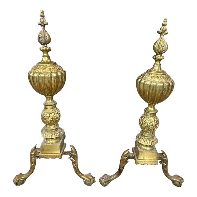 Antique Chippendale Style Gilt Bronze Andirons—A Pair For Sale